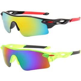 UV400 Boys Sports Sunglasses for Kids Cycling,Light frame Sunglasses for Boys Girls,Youth Softball Baseball Golf Fishing 7001 Transparent Green+Black Red