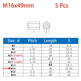 M16 X 2 x 49mm Long Rod Metric Hex Coupling Nut, Zinc Plated 5 Pcs