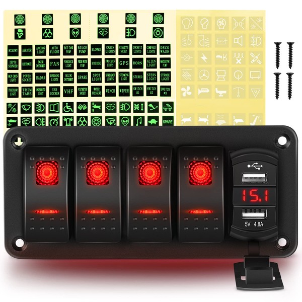 GOOACC 4 Gang Rocker Switch Panel Red Backlit with 4.8