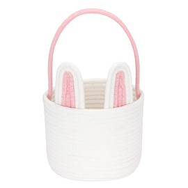 Sea Team Easter Bunny Basket for Egg Hunting, Easter Egg Bucket, Small Woven Cotton Rope Tote Bag with Rabbit Ears for Children, Easter Day Decoration, Party, Holidays, Pink