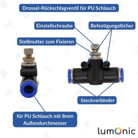 5 x Lumonic I PU Hose Throttle Check Valve with Connector I 8 mm I Pneumatic Throttle Check Valve I Throttle Valve I Compressed Air & Automatic