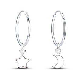 925 Sterling Silver Earrings Dangle Drop Moon and Star Hoop Earrings Diameter 16mm Sleeper Hoops Earrings for Women Girls