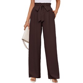 KORSIS Women's Lounge Pants Wide Leg Trousers Brown Large Lightweight High Waisted Loose Casual Work Elastic Pants with Pockets