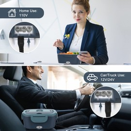 Vabaso Electric Lunch Box Food Heater, 80W Electric Heating Lunch Boxes Lunch for Adults/Men/Car/Truck/Work, 1.5L Removable 304 Stainless Steel Container, 110V/12V/24V, with Fork & Spoon