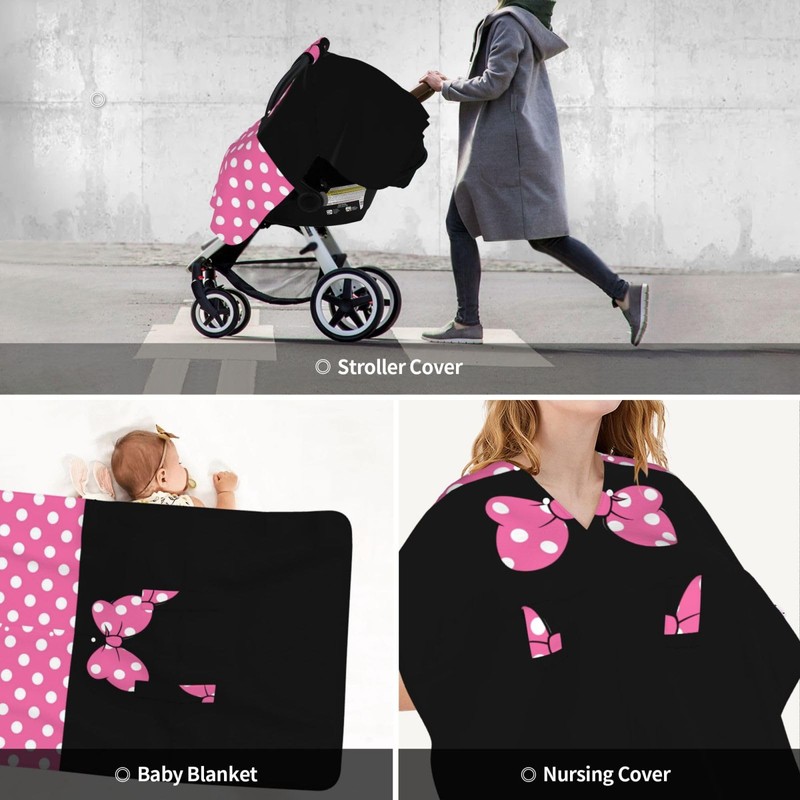 Pink Black Bow Polka Dot Car Seat Canopy Cover, Universal