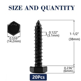 3/8" x 1-1/2" Hex Head Lag Screws Bolts 20Pcs 304 Stainless Steel 18-8, Partial Thread, Hexagon Head Wood Screws by Black Oxide by SG TZH