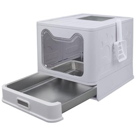 Tokenkuko Stainless Steel Foldable Litter Box with Lid,Enclosed Cat Litter Box,Front Entry Top Exit Kitty Litter Box,Large Litter Box with Cat Litter Scoop, for Small to Large Sized Cats(Gray)