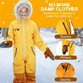 Ruslyn Chickadee Kids Insulated One Piece Waterproof Snowsuit For Toddlers, Youth, Boys & Girls | Jacket, Hood, & Attached Mittens (Gold-6-7)