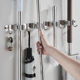 Stainless steel cleaning tool organizer 4-piece 5-hook wall-mounted storage item gray 4-piece 5 hooks