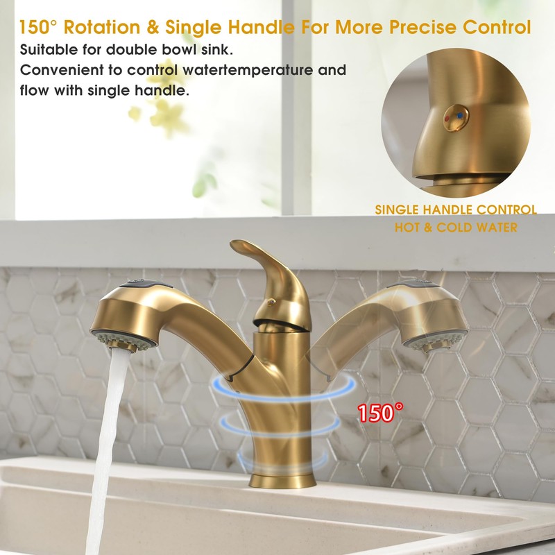 BRAVEBAR Gold Kitchen Faucet with Sprayer - Matte Brushed Gold