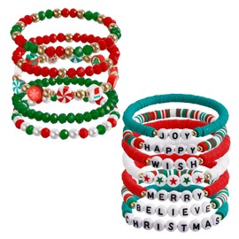 YWOYWO 12 pcs Xmas Bracelets for Women, Heishi Stretch Bohemian Polymer Clay Inspired Christmas Bracelet, Perfect Holiday Party Gifts (Christmas 2)