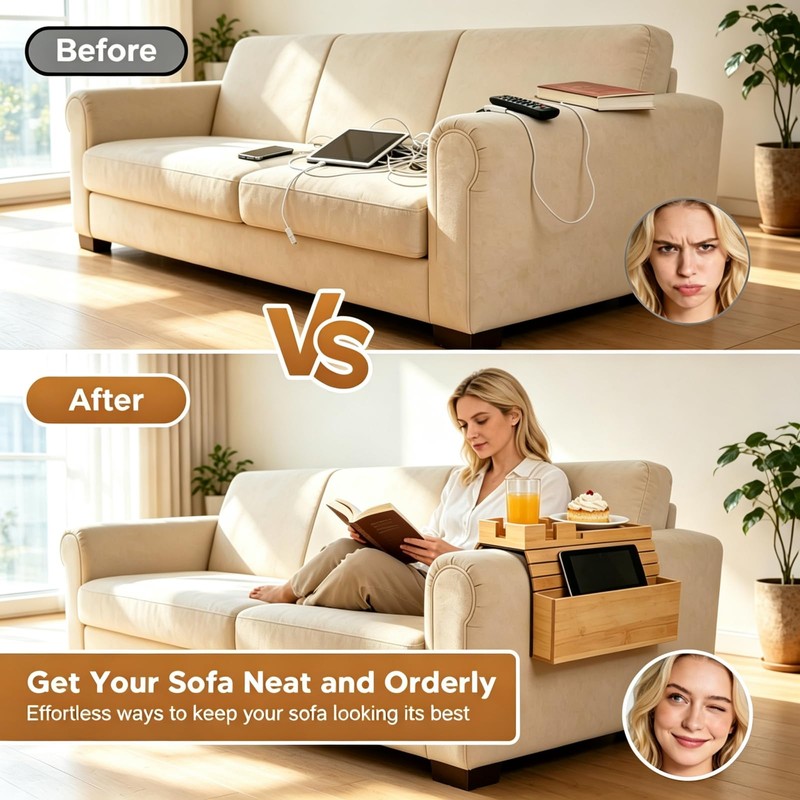 Bamboo Sofa Armrest Tray with Storage Pocket