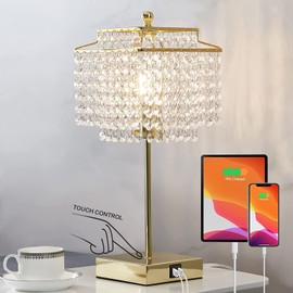 Luvkczc Crystal Touch Table Lamp, Bedside Lamp with with USB C+A Ports, Gold Bedroom Lamp, 3 Way Dimmable Lamp with Crystal Shade, Nightstand Lamp for Bedroom, Living Room, Bulb Included