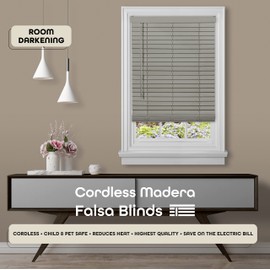 Cordless Room Darkening Plantation Blind - 31 Inch Width, 64 Inch Length, 2" Vinyl Slat Size - Grey - GII Madera Falsa Faux Wood, Light Filtering Horizontal Windows Blinds by Achim Home Decor