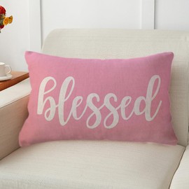 ULOVE LOVE YOURSELF Blessed Lumbar Throw Pillow Covers Farmhouse Rustic Decorative Rectangular/Waist Pillowcases 12 x 20 Inch Front/Porch Decor Cushion Covers Housewarming Gifts (Pink)