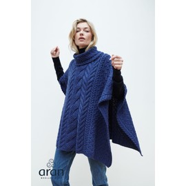 Aran Woollen Mills Supersoft Merino Wool Poncho with Cowl Neck (Ink Blue)