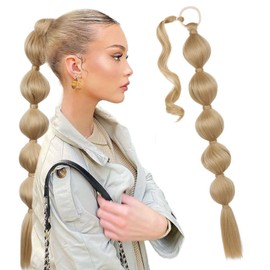 LONAI Bubble Ponytail Extension for Women,28 Inch Long Braided Wrap Around Synthetic Hair with Leather Cord, Straight Afro Puff, Braided Ponytail Extension Dirty Blonde