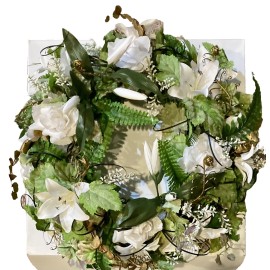 Nearly Natural Floral Wreath 18x18 Mix Of Lillie’s, Ferns ,  Add Your Own - New