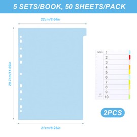 10 Part Folder Dividers A4, Coloured Multi Hole Card Folder Dividers for Office School Index Dividers Folders