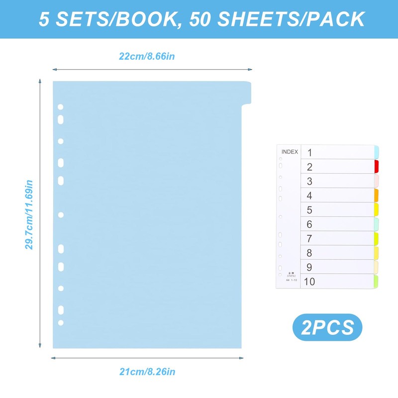 10 Part Folder Dividers A4, Coloured Multi Hole Card Folder