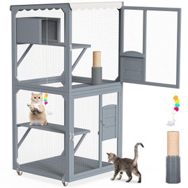 PETIMBER Catio Outdoor Cat Enclosure, 4 Tiers Wooden Cat House with Wheels, 63" Outdoor Catio for Multiple Cats with Waterproof Roof, 3 Platforms, 1 Resting Box, Cat Scratching Post