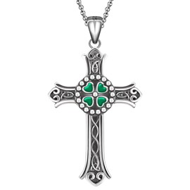 LES OSEWA Clover Cross Necklace Sterling Silver Four Leaf Clover Celtic Cross Necklace Shamrock St Patricks Day Necklace Irish Lucky Clover Pendant Jewelry Gifts for Women Men