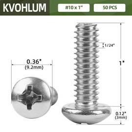 50 PCS #10-24 x 1 Phillips Pan Head Machine Screws, Round Head Machine Screw Bolts, 18-8 Stainless Steel (304), Full Thread, Bright Finish