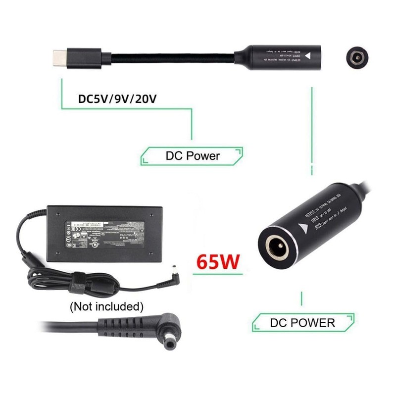 20V DC 4.5 x 3.0mm Adapter to USB-C, 65W Laptop