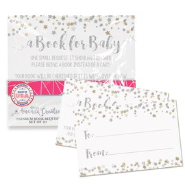 Amanda Creation Gold & Silver Twinkle Little Star Themed “Bring A Book” Cards for Gender Neutral Baby Showers, 20 2.5" X 4” Double Sided Inserts, Invite Guests to Bring A Book