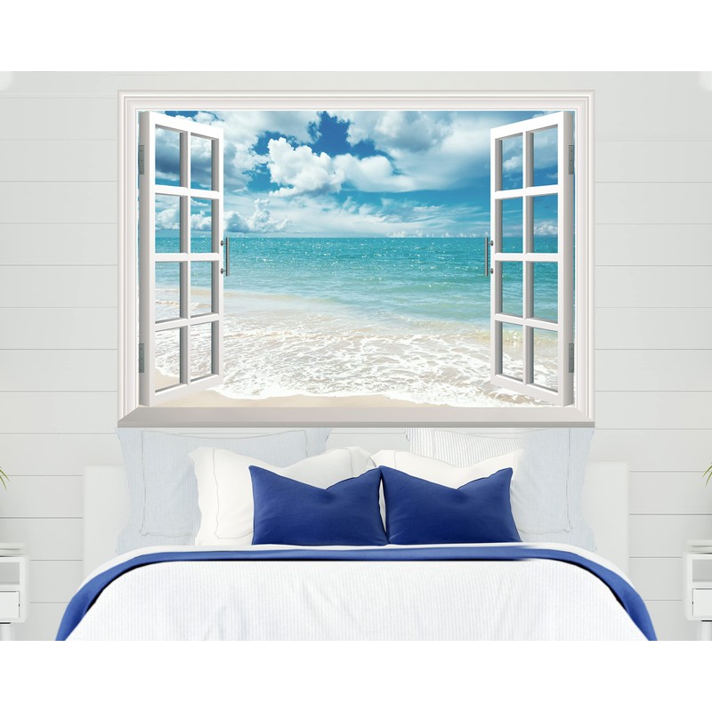 FLFK Fake Window Wall Sticker - Summer Beach Faux Window