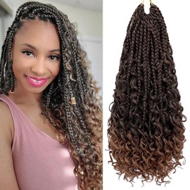 BIBHAIR Box Braids Pre-looped Goddess Crochet Hair Boho Style 8 Packs 18 Inch Box Braiding Wigs With Curly Ends 112 Strands Color T30 Bohemian 3 Strands Braided Synthetic Hair Extensions for Women.