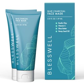 Blesswell Blue Charcoal Face Mask - Men's Natural Cleansing Skincare - Pore Reducing, Skin Hydrating, Brightening, Clay and Charcoal Facial Mask, For All Skin Types - Blackheads, Acne, Oily or Dry Skin (2-Pack)
