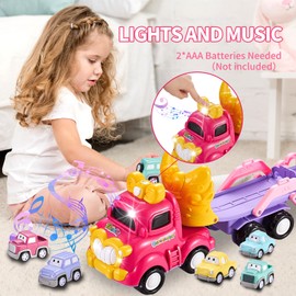 Sciencow Toddler Car Toys for 1 2 3 4 5 Year Old Girl | 7-in-1 Pink Princess Foldable Transport Carrier Trucks for Baby | Lights & Music | 3 Layer Transformable Carriage Set | (Bowknot)