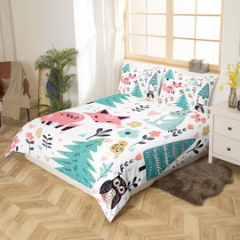 Manfei Cute Animals Duvet Cover Set Twin Size, Cartoon Fox Rabbit Owl Bird Bedding Set 2pcs for Kids Boys Girls Room Decor, Flower Trees Comforter Cover Soft Polyester Quilt Cover with 1 Pillowcase