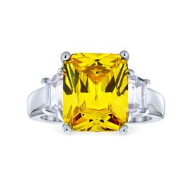 Art Deco Style .925 Sterling Silver Canary Yellow AAA CZ Rectangle Emerald Cut Cocktail Statement Engagement Ring For Women Cubic Zirconia Baguette Side Stones