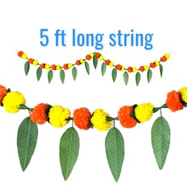 LoveNspire 5 Feet Marigold Mango Leaf Door Toran Hanging Valance Festival Garland Indian Wedding Decor Indoor Outdoor Bandarwal Pooja Decor Diwali Decoration