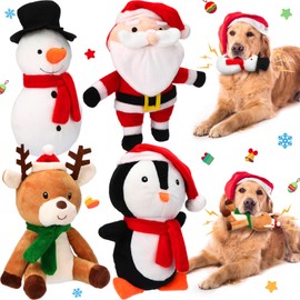 Liliful 4 Pieces Christmas Squeaky Dog Toys Bulk Xmas Stuffed Plush Dog Toys Santa Claus Snowman Elk Penguin Dog Interactive Teething Chew Toys for Christmas Small Medium Large Dogs Gift Toys