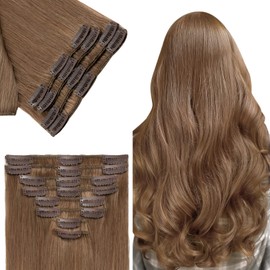 Benehair Clip in Hair Extensions Real Human Hair Blonde Hair Extensions Clip in Human Hair Long Straight Remy Natural Full Head 8pcs Real Hair Extensions for Women 14 Inch #12 Golden Brown