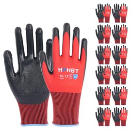 HPHST Work Gloves, 12 Pairs Work Gloves Men Women with Nitrile Coating Gardening Gloves Touchscreen Work Gloves Protective Gloves for Assembly Work (Red, Small)