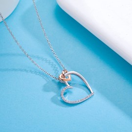 BlingGem Heart Chains for Women 925 Sterling Silver Rose Gold-Plated Necklace with Heart Pendant 5A Cubic Zirconia Anniversary Birthday Jewellery Gift for Women, Sterling Silver, Cubic Zirconia