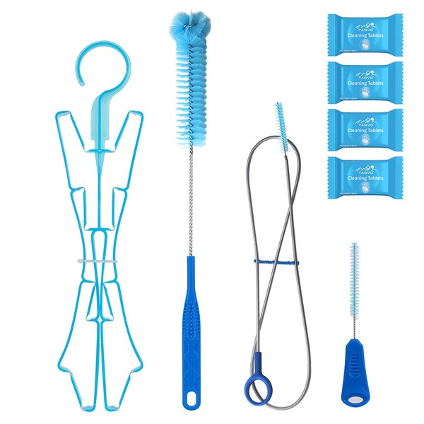 TAGVO Hydration Bladder Tube Brush Cleaning Kit, 6 in 1 Water Bladders Cleaning Set - Long Brush, Small Brush, Big Brush, Collapsible Hanger, 12 x Cleaning Tabs, Carrying Pouch
