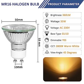 Caldarax Caldarax 8 Pack GU10 35W Halogen Spotlight Bulb Dimmable, Warm White 2800K, MR16 230V Halogen Reflector Lamps, 360LM, Beam Angle 45 Spot, for Track Lighting, Recessed Lighting