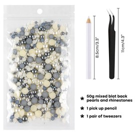 ASTARON 50g Mix Flatback Rhinestones Half Pearls for Crafts Mixed Size 3mm-10mm Flat Back Rhinestones for Crafts Flatback Pearls for Decorating Tumblers Mugs Nail Art Shoes (Silver Gray，White)