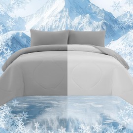 Quataly Cooling Comforter Set Queen Size, Luxury Soft Silky Double Sided Cooling Blanket for Hot Sleeper Grey 4pcs(Comforter+Fitted Sheets+2Pillowcases)