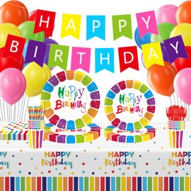 Xugoox Rainbow Birthday Decorations,120pcs Rainbow Party Tableware Set, Rainbow Party Plates and Cups Napkins Tablecloth Banner Balloons for Birthday Party Supplies