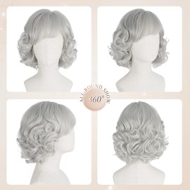 Haloo Grey Short Wigs with Bangs Gray Wavy Curly Natural Layered Synthetic Hair Wig for Women Daily Party Grandma Granny Costume, 12 Inch Platinum Grey