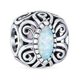 Vintage Style Created Opal Bali Style Scroll Milgrain Charm Bead For Women .925 Sterling Silver Fits European Bracelet