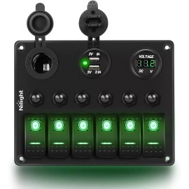 Nilight 6 Gang ON Off Rocker Switch Panel Green with Dual USB Voltmeter for Cars
