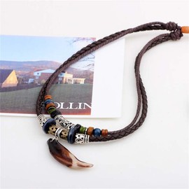 Wolf Shark Tooth Necklace for Women Men Vintage Long Chain Spear Wolf Dog Animal Teeth Leather Necklace Bohemian Tribal Ethnic Jewelry