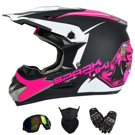 Youth Kids Dirt Bike Motocross Helmet (Goggles Gloves Face Mask) 4PCS Set, DOT Approved Girls Full Face Motorcycle Helmets, ATV BMX MX Mountain Bike Off Road Kid Helmet (Pink, XL)